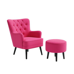 Obraz premium A vibrant fuchsia tufted armchair paired with a matching round footstool for comfortable living room