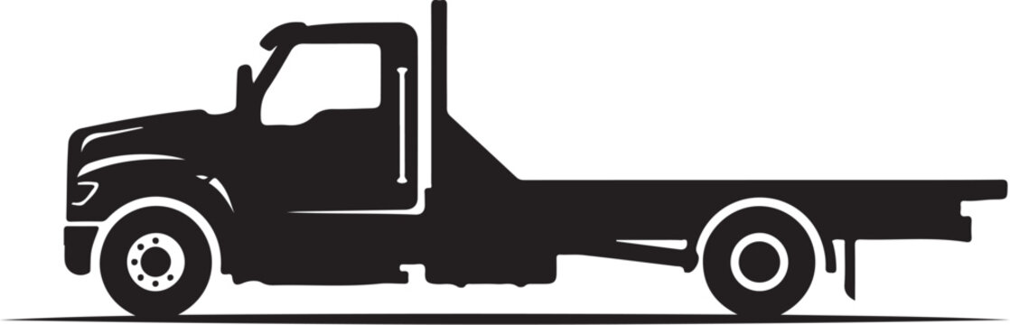 Flatbed Tow Truck Vector, Black Silhouette, Transportation Icon, Flat Bed Truck