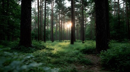 Fototapeta premium Golden hour sunlight filters through the trees in a serene verdant forest clearing