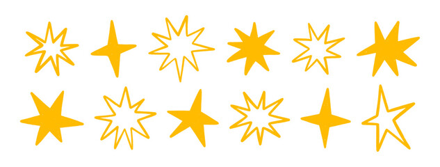 Crayon hand drawn stars, twinkle magic symbols. Shine, spark or light chalk elements. Line art sketch and silhouettes sparkle icons on transparent bg. Doodle gold glitter sparks, vector illustration © Vodoleyka