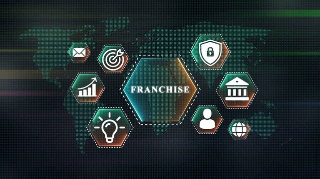 Digital world map with franchise icons and central hexagon