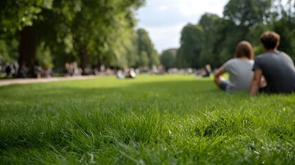 Fototapeta premium A couple sits on the grass in a park with blurred figures relaxing in the background on a sunny day