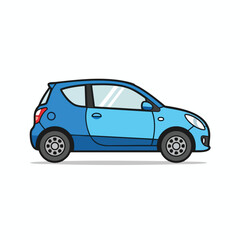 Fototapeta premium Side view of a cartoon, two-tone blue hatchback car with black trim and wheels