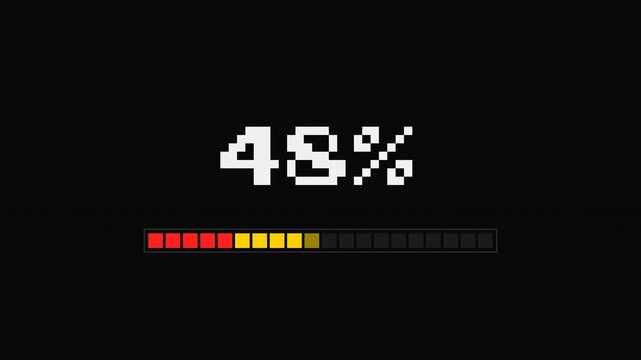 Pixelated READY START text transitioning to a colorful loading bar ending at 100% COMPLETE.