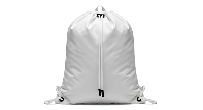 White drawstring bag mockup isolated on a clean white background studio shot