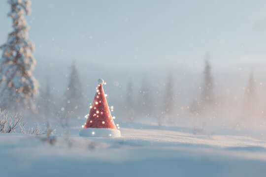 santa hat resting on wooden chair adorned with snowflakes gently falling in background