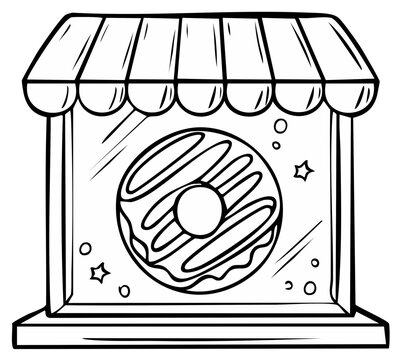 Cartoon donut shop window display with glazed doughnut and awning