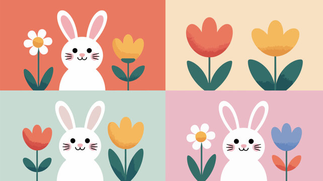 Cute rabbits and colorful spring flowers in a repeating pattern design