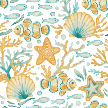 Watercolor Ocean Sea Tropical Clownfish Coral Starfish Seashell Seamless Pattern Fish Transparent Background