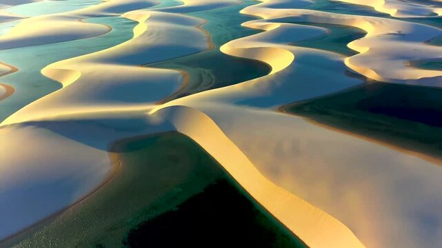 Golden sand dunes surrounding bright blue lagoons in sunny brazil