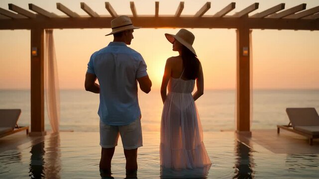 Couple watching sunset at infinity pool, ocean view. Serene, romantic getaway in paradise. Luxury vacation, tropical honeymoon, travel destination.
