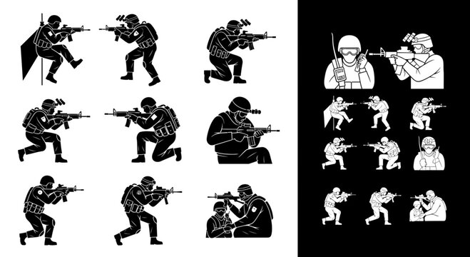 Set of Military Soldier Icons in Action Poses