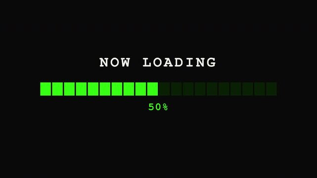 Retro green pixelated NOW LOADING text with segmented progress bar filling up on a dark screen.