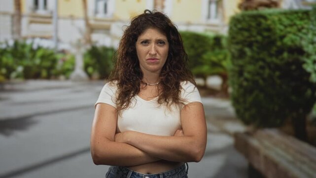 Young hispanic woman with crossed arms and bare forearms standing on a street near a building and trimmed hedges; defiance.