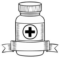 Obraz premium Outline Drawing of a Pill Bottle with Medical Symbol and Decorative Ribbon Banner for Text