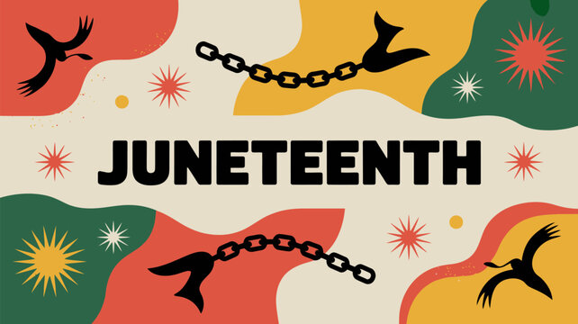 Juneteenth celebration artwork featuring birds chains and vibrant abstract shapes