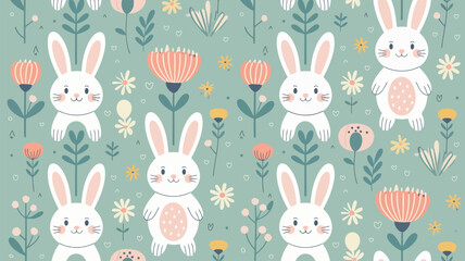 Fototapeta premium Charming floral pattern featuring adorable white rabbits and colorful blooms