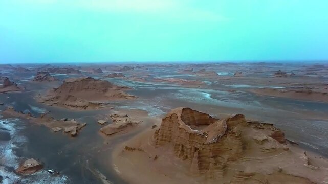 Aerial view of the vast rocky desert with unique formations