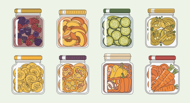 Collection of Eight Jars Filled with Preserved Fruits and Vegetables.