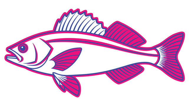 Graphic representation of a perch fish, rendered in a simple, outlined style with magenta fins and accents, suitable for food or aquatic themes, outline drawing, marine life, animal drawing