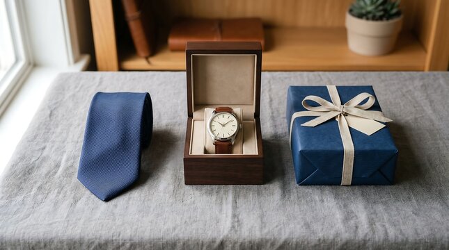 Elegant gifts on a table a watch tie and wrapped present