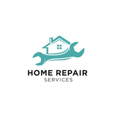 Fototapeta premium Home repair services emblem with teal wrench and stylized house illustration on checkered backdrop.