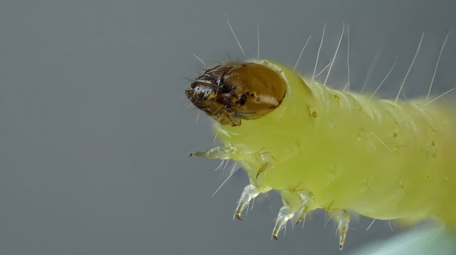 Macro Shot of the head and body,  Clothes Moth Larva on a Textured Gray Surface, Tineola bisselliella larva