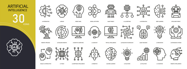 Artificial intelligence icons set representing AI systems, machine learning, neural networks, automation, data processing, smart technology and digital innovation in clean outline style. © khansa
