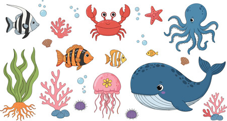 Cute ocean animals collection with whale octopus crab fish jellyfish coral cartoon illustration set © Kharshad Creative