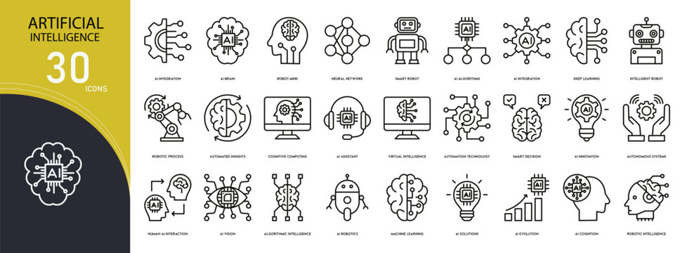 Artificial intelligence icons set representing AI systems, machine learning, neural networks, automation, data processing, smart technology and digital innovation in clean outline style.