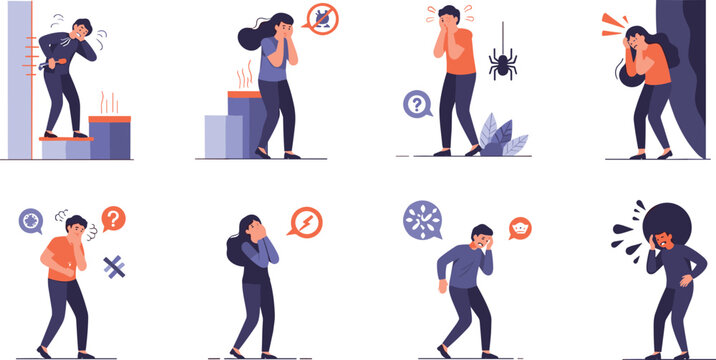 People Experiencing Fear and Anxiety Illustration Set with Phobias, Stress Reactions, Panic Situations, and Emotional Distress Characters for Mental Health Awareness Design