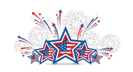 Obraz premium Red, white, and blue star illustrations with fireworks on a white background, symbolizing American Independence Day celebrations.
