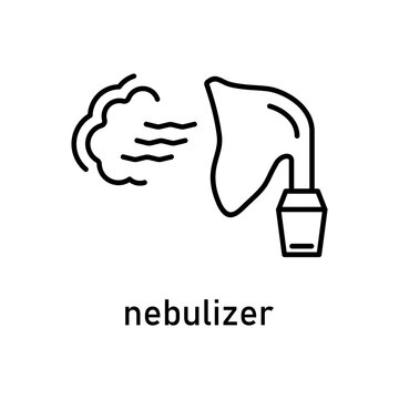 Line drawing of a nebulizer releasing a medicated mist, great for medical illustrations, healthcare infographics, respiratory care visuals.