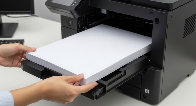 Close-up of a person's hands placing a fresh ream of white paper into a professional office printer's open paper tray.