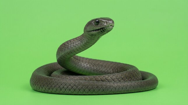 Black mamba (Dendroaspis polylepis) venomous snake coiled in a defensive posture against a solid green screen chroma key background