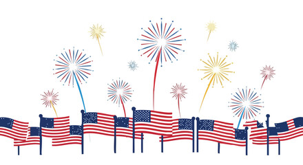 Obraz premium Illustration of American flags waving with colorful fireworks exploding in the background on a white backdrop.