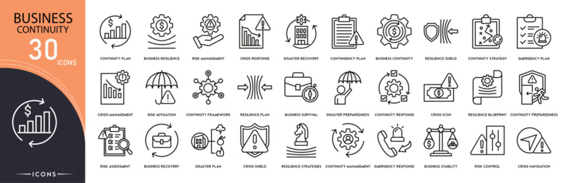 Business continuity icons set representing risk management, disaster recovery, backup planning, crisis response, resilience, operations continuity and emergency preparedness . Editable stroke.
