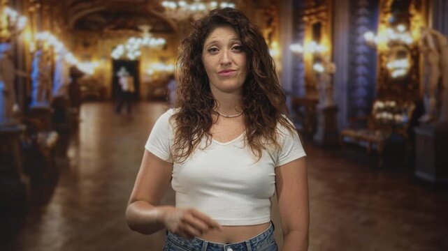 Woman points finger upward in ornate museum building, wearing white crop top and jeans revealing midriff and raised finger gesture; wry amusement curiosity.