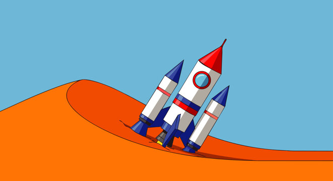 a cartoon rocket crash lands into a sandy desert dune depicting a space travel accident and unexpected exploration mishap.
