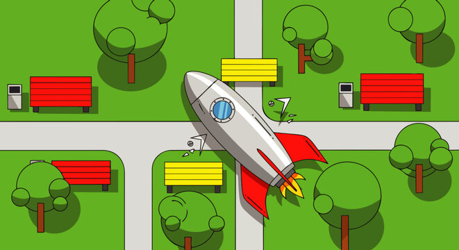 a cartoon rocket crashing dramatically onto a paved path in a public park creating an unexpected accident scene from an aerial view.