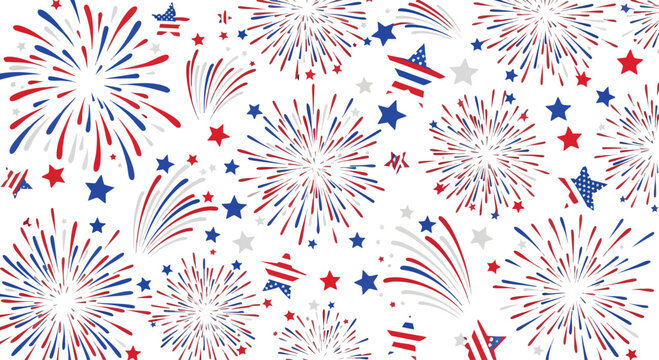 Vibrant red, white, and blue fireworks exploding with stars on a white background, conveying a festive and celebratory mood with patriotic colors.