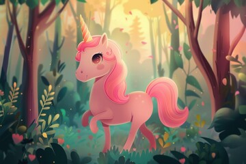 Obraz premium Beautiful mythological pink unicorn with big long horn