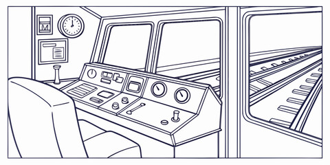 Detailed line art illustration of a train driver's cabin interior with control panel and seat, showcasing locomotive instrumentation and window views. © Icon Set