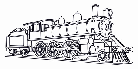 Side view of a vintage steam locomotive train engine in line art style, isolated on white background. © Icon Set