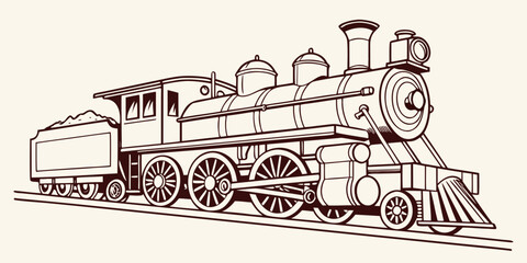Side view of a vintage steam locomotive train engine in line art style, isolated on a beige background, with a single cargo car attached. © Icon Set