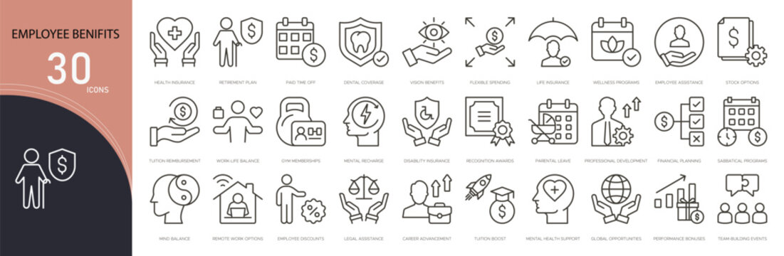 Employee benefit related icon collections. Containing insurance, bonus, health, wellness, reward, salary, leave, compensation, policy, and perks icons. Outline icons.