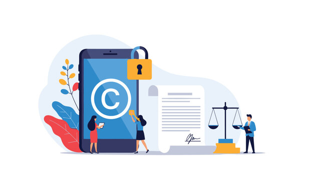 Intellectual property and copyright protection concept with a smartphone, legal document, and professional lawyer.