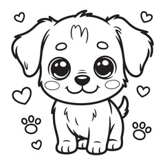 Fototapeta premium Cute puppy with hearts and paw prints coloring page, black and white vector illustration.