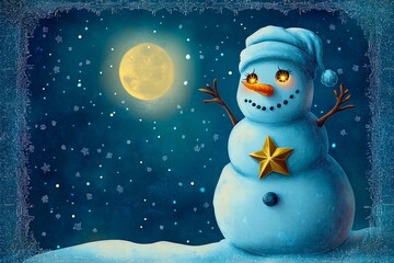 Obraz premium Magical snowman with twinkling eyes and a golden star at night
