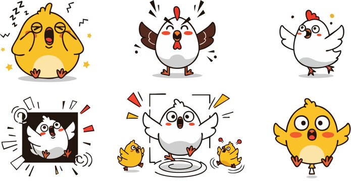 PrintCollection of six distinct cartoon chicken and chick emoji style characters displaying various funny emotions and actions isolated on white background